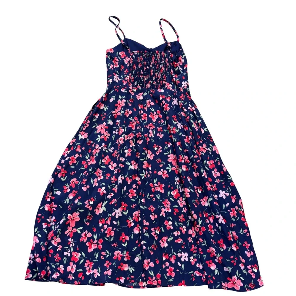 Eliza‎ J Midi Dress 4 Blue Floral Tie Front Smocked Back Wedding Guest - Picture 2 of 5